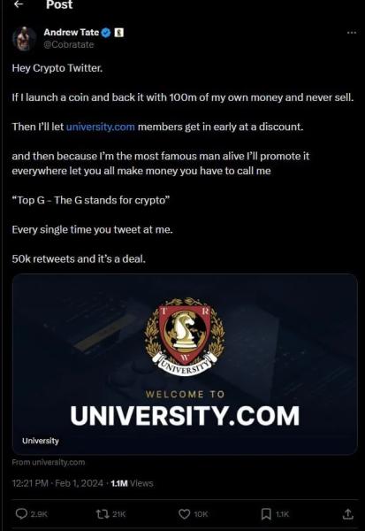 Andrew Tate Disavowed Crypto&mdash;Now He's Pitching His Own Coin